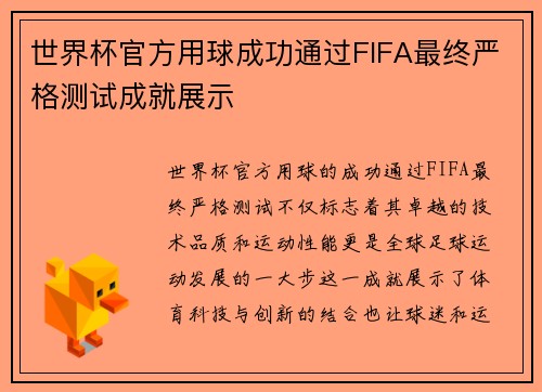 世界杯官方用球成功通过FIFA最终严格测试成就展示